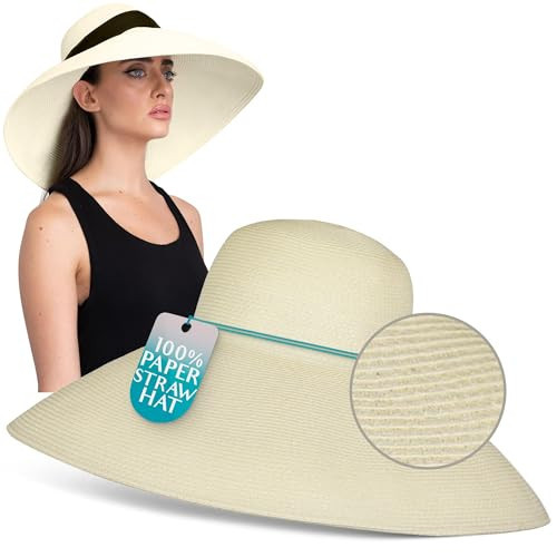 Miu Wide Brim Audrey Hepburn Hat for Women - Adjustable and Made with 100% Natural Straw | Premium Elegant White Hat No Scarf - Perfect for Beach Holiday | Amazon (US)