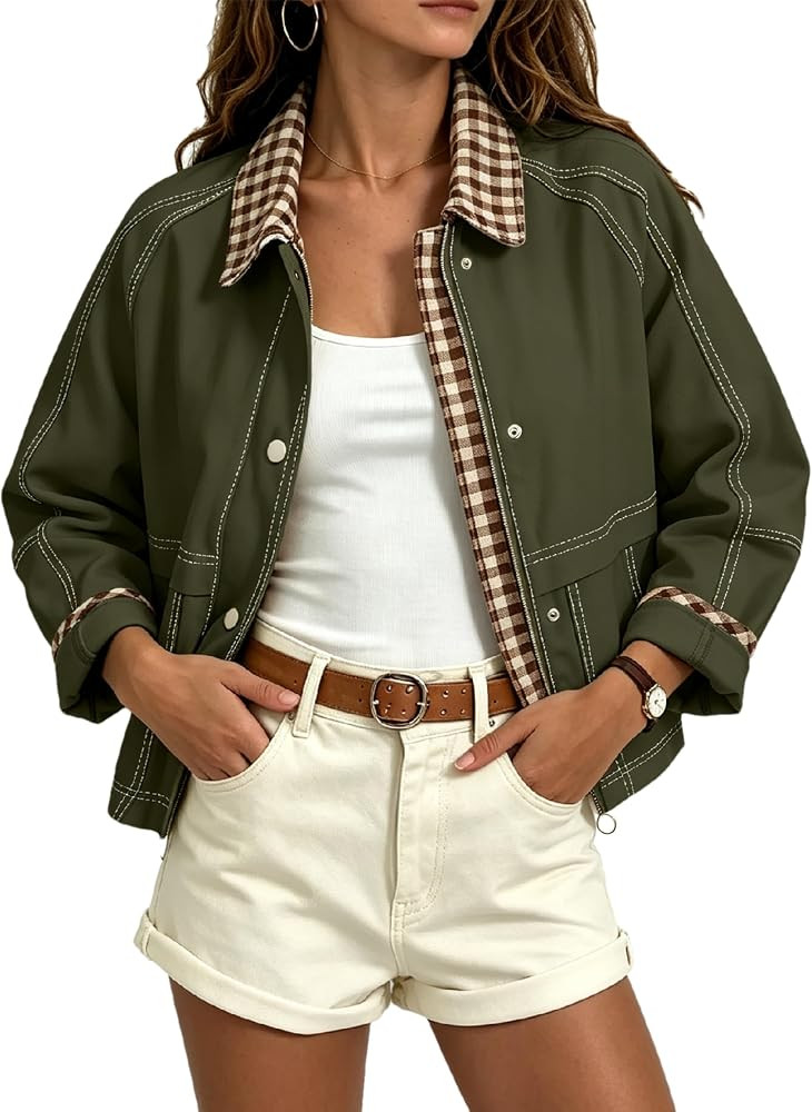Aimiray Women's Barn Cropped Jacket Lightweight Vintage Plaid Bomber Coat | Amazon (US)