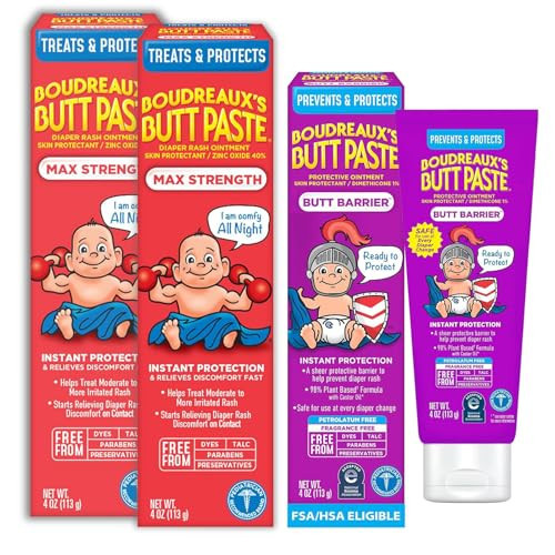 Boudreaux’s Butt Paste Barrier Ointment, Preventive Dimethicone Diaper Rash Cream, 4 Oz Tube + Boudreaux's Butt Paste Maximum Strength Diaper Rash Cream, Ointment for Baby, 4 oz Tube (Pack of 2) | Amazon (US)