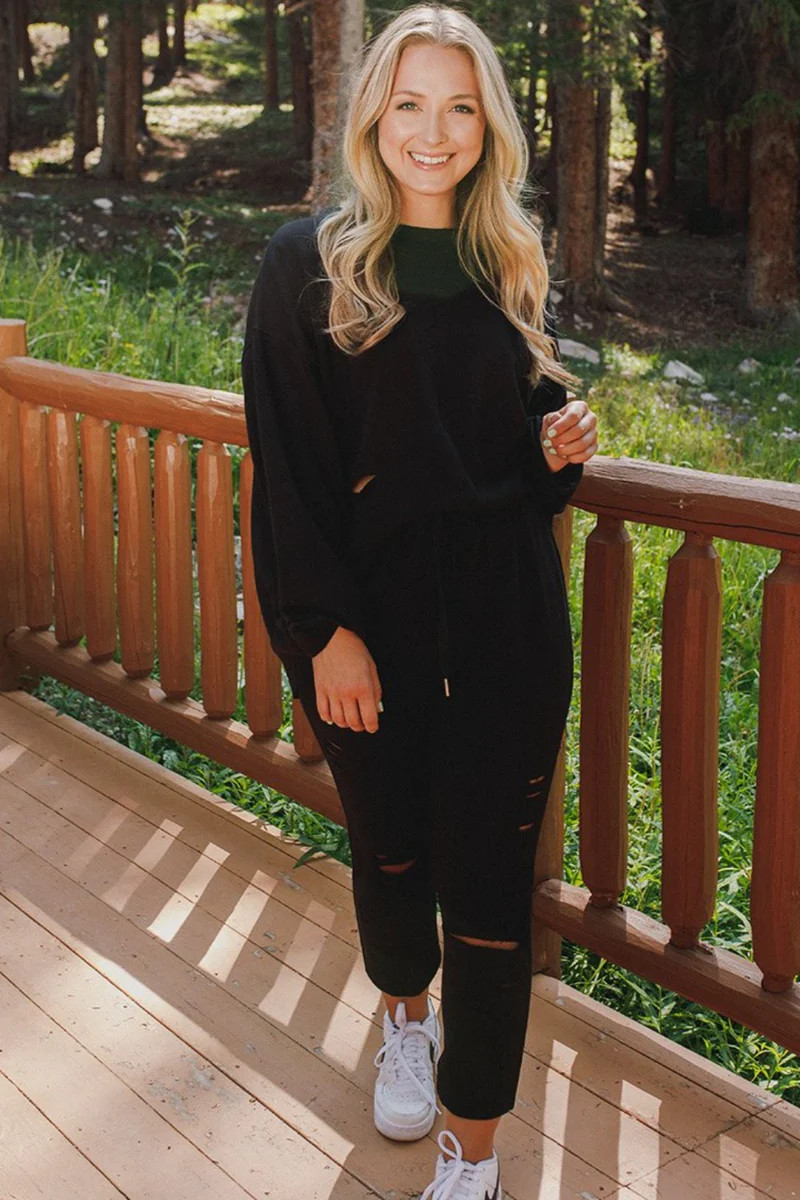 BuddyLove | Bella Distressed Loungewear Set | Black | BuddyLove