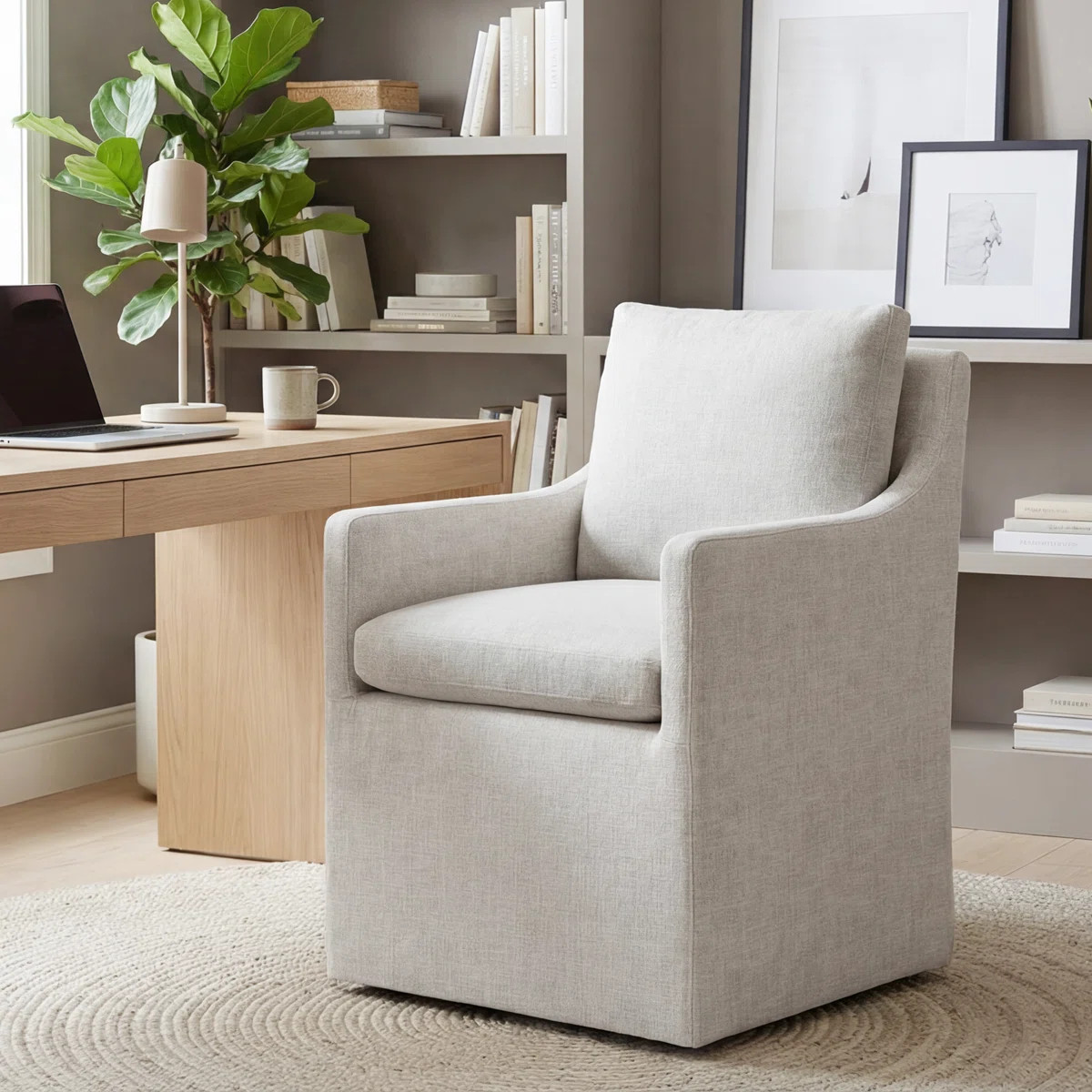 24" Wide Linen Upholstered Down Fill Mid-Century Modern Office Casters Extra Seat Padding Desk | Wayfair North America