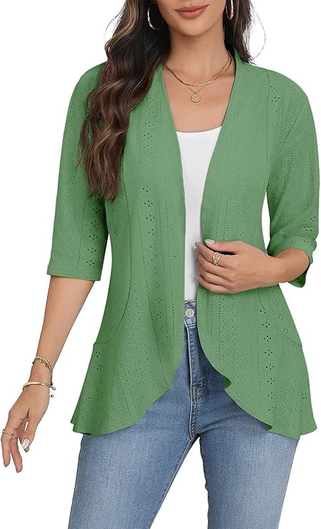 Askyes Women Cardigan 3/4 Sleeves Open Front Lightweight Soft Netted Knit Draped Ruffles Cardigan... | Amazon (US)