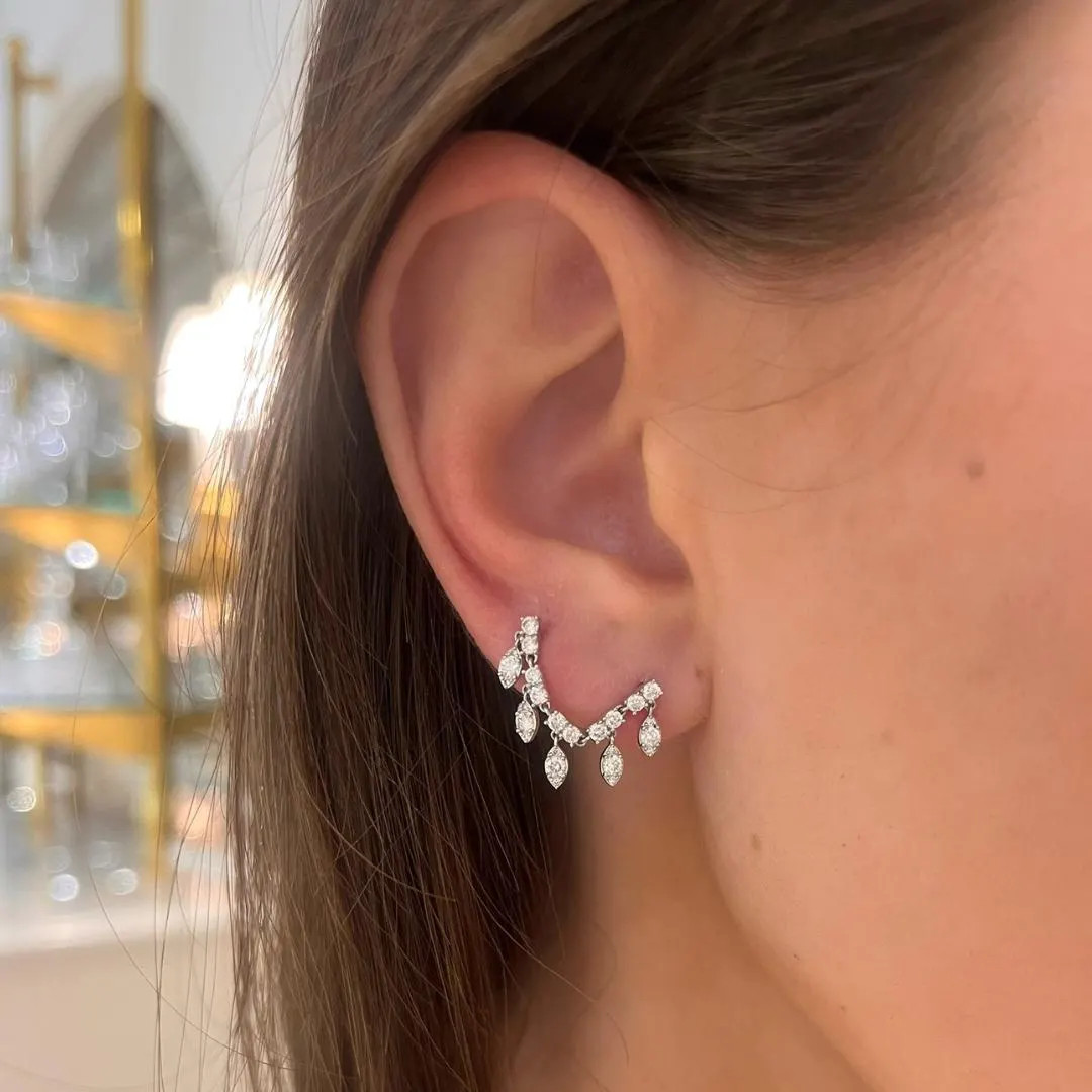 Double Piercing Diamond Chain Earring Round Diamond 14k 18k Real Gold Ear Stack Earrings Sparklin... | Etsy (US)