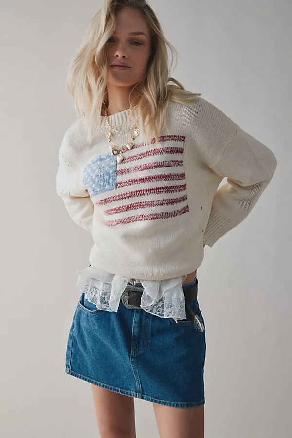 BDG American Flag Crew Neck Sweater in Ivory, Women's at Urban Outfitters | Urban Outfitters (US and RoW)