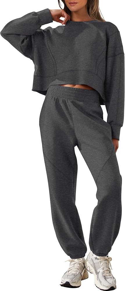 ANRABESS Womens 2 Piece Outfits Lounge Sets Cropped Sweatshirt & Joggers Fashion Sweatsuit Sweat ... | Amazon (US)