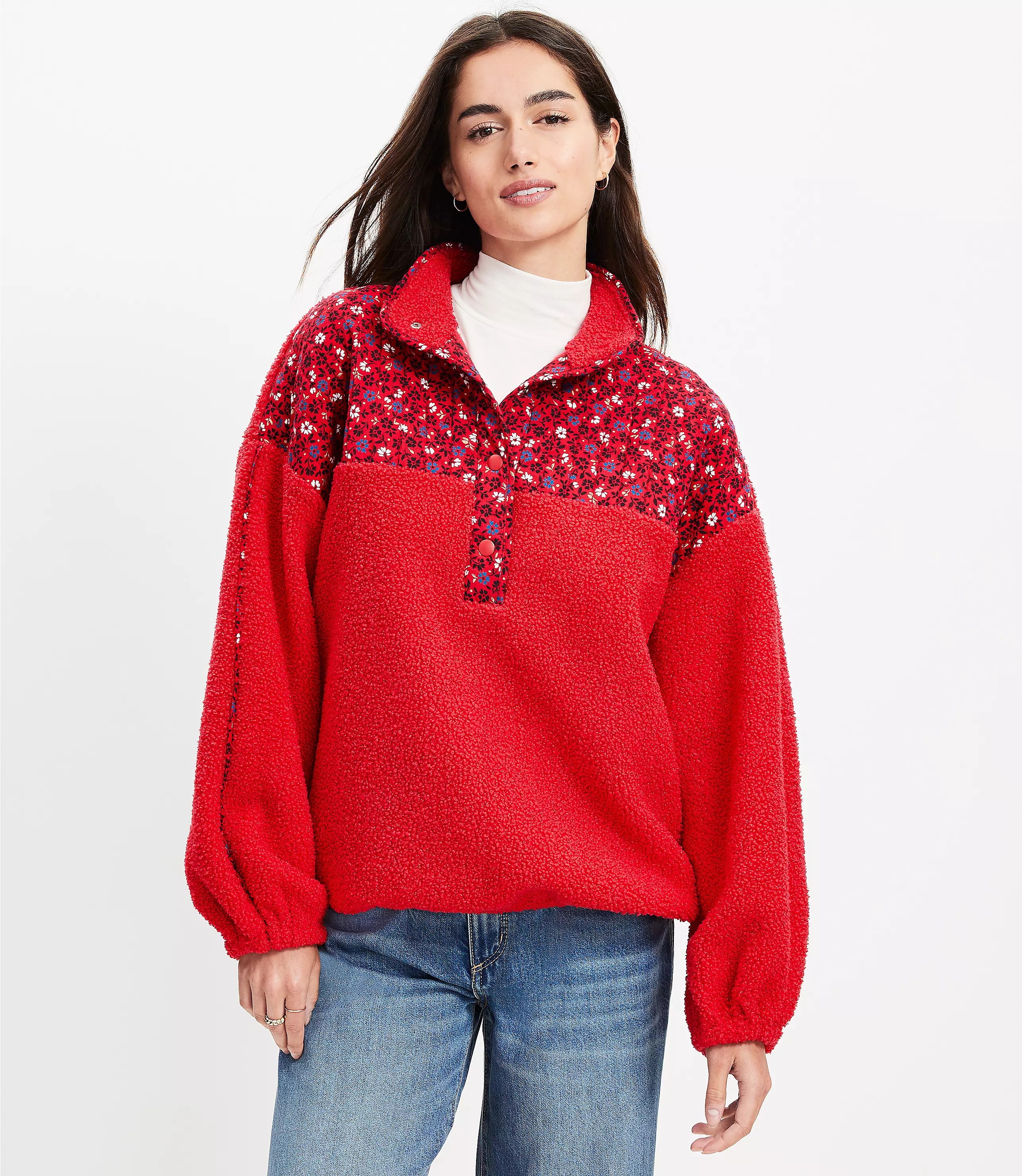 Petite Floral Cozy Sherpa Mixed Media Sweatshirt | LOFT