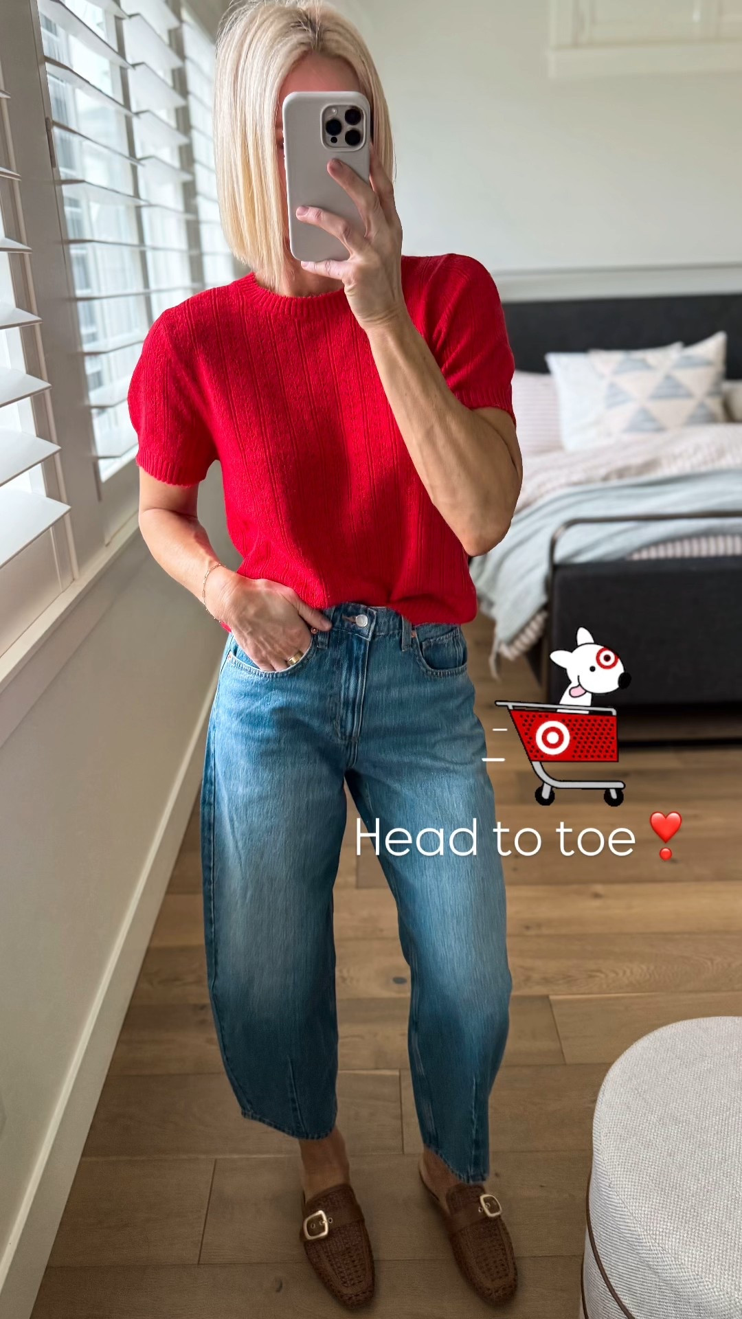 New spring arrivals at target! 
So impressed with the quality lately.
The prettiest short sleeve knit, barrel jeans in the best medium wash, and woven mules you’ll wear with everything!
I sized up in the sweater, wearing a large (& also more color option) and the barrel jeans fit true to size, wearing size 4.