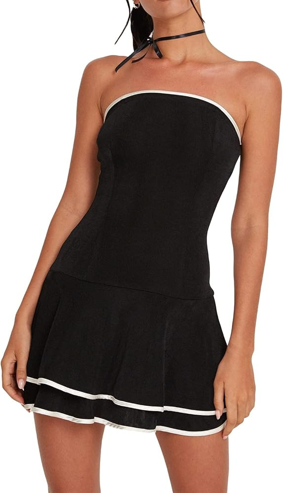 Y2K Women Sexy Strapless Tube Mini Dress Lace Patchwork Bandeau Bodycon Short Going Out Dresses 2023 | Amazon (US)