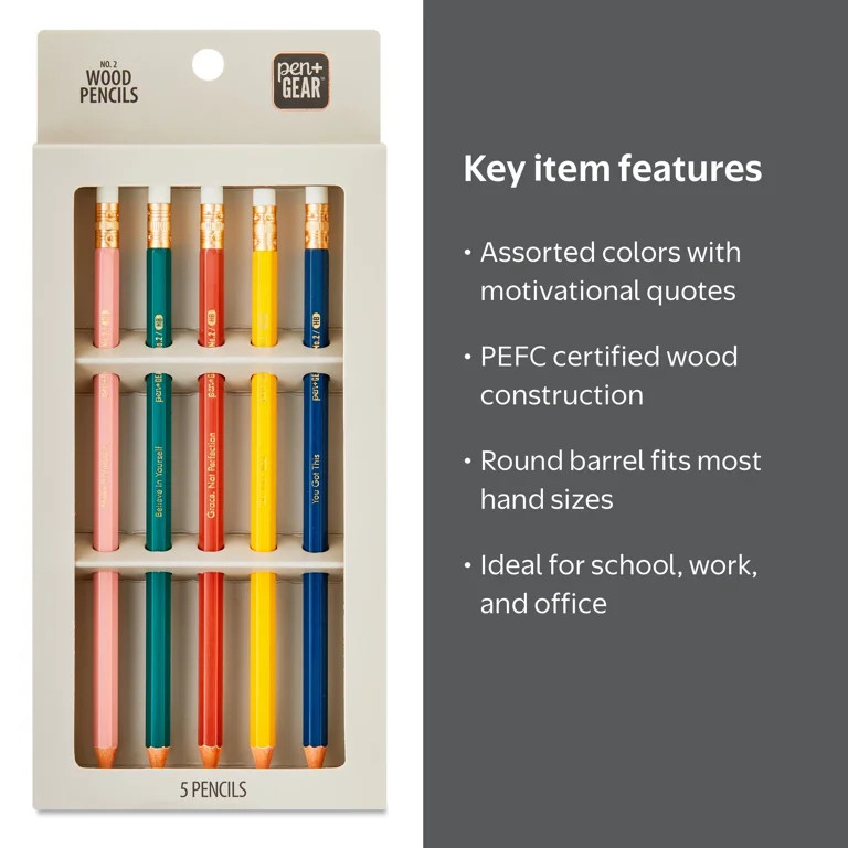 Pen+Gear #2 HB Woodcase Pencils, Sharpened, Assorted Colors, Motivational Quotes, 5 Count | Walmart (US)