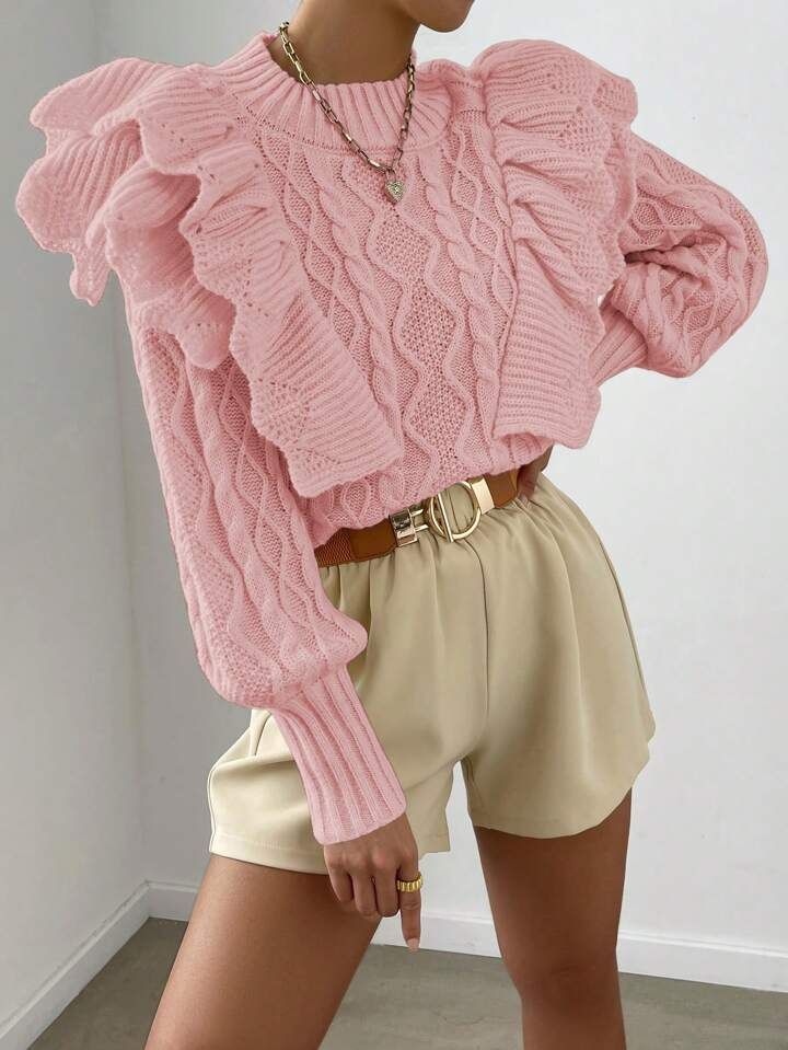 SHEIN Privé Ruffle Trim Cable Knit Sweater | SHEIN