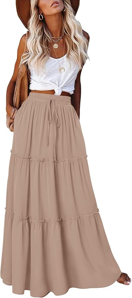 KISSMODA Womens Maxi Skirt High Waist Boho Flowy Long Skirts with Pockets | Amazon (UK)