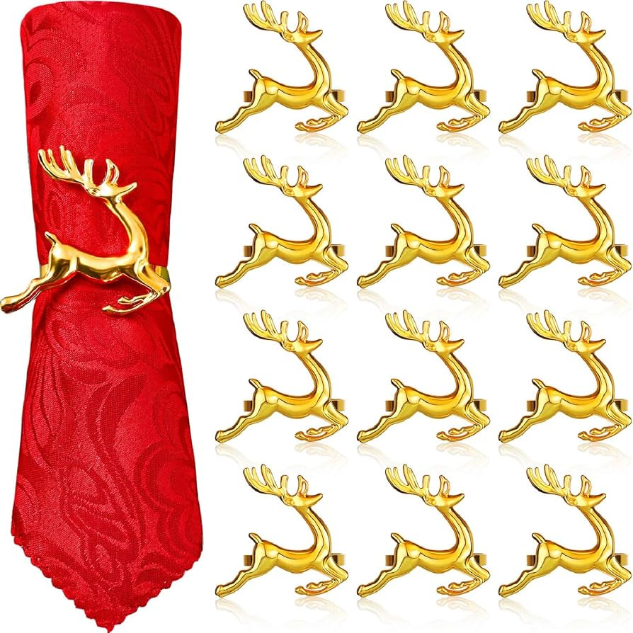 WILLBOND 12 Pcs Deer Napkin Rings Gold Christmas Antler Reindeer Buckle for Cloth Napkins Holiday... | Amazon (US)