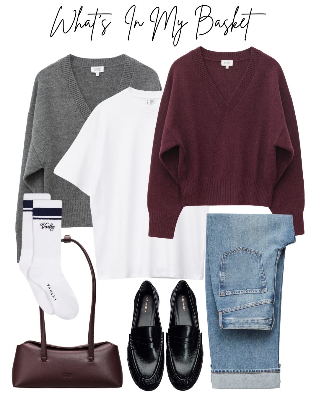 What’s in my basket - the trending v neck jumpers in burgundy & grey 😍 classic black loafers, burgundy bag, oversized white T-Shirt, the perfect barrel leg jeans & sports socks. This makes a great preppy look, tie one of the jumpers on your hips for a color pop and layering

#LTKuk #LTKautumn #LTKeurope