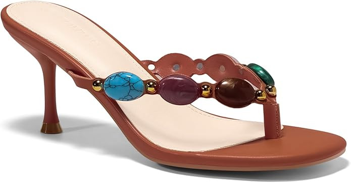 Coutgo Womens Jeweled Heeled Sandals Kitten Heel Starppy Flip Flop Backless Open Toe Slides Boho ... | Amazon (US)