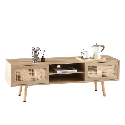 GlasFlength TV Stands and Consoles Rattan Woven Media Console with Sliding Doors and Adjustable Shelf for Living Room, Beige, 55.12"*15.75"*18.31" | Target