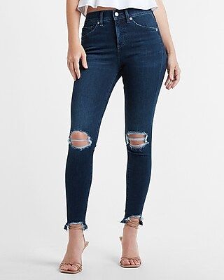 Mid Rise Dark Wash Ripped Raw Hem Supersoft Skinny Jeans | Express