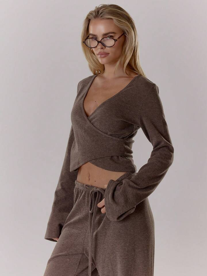 MUSERA Wrap Tie Across Top Ribbed V Neck Top Only Old Money Cute Cosy Country Cottage Core Casual Winter Night In Lounge For Women Butterscotch Elegant Spring Summer | SHEIN