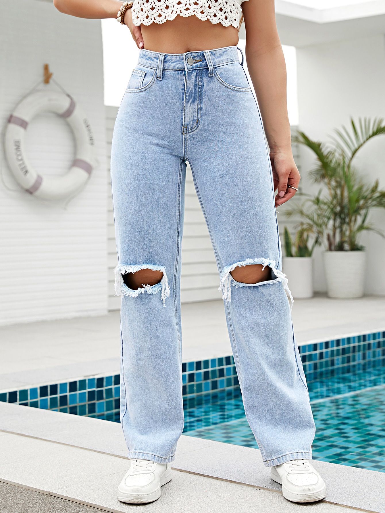 SHEIN VCAY High Waist Ripped Straight Leg Jeans | SHEIN