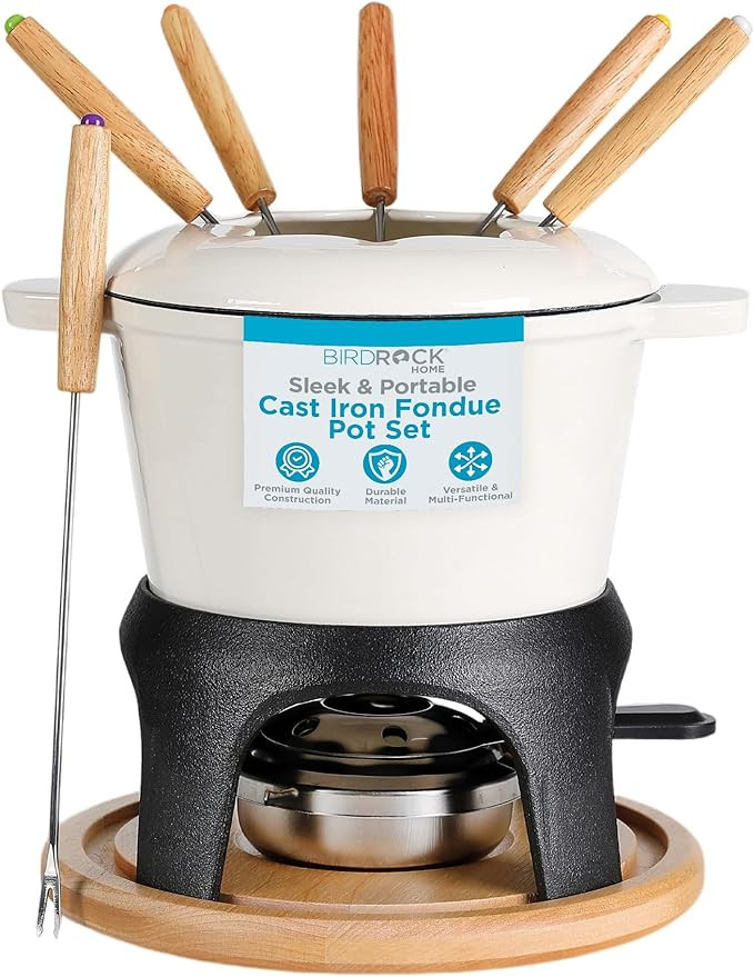 BIRDROCK HOME Cast Iron Fondue Pot Set | 8 Fondue Forks, Chrome Safety Burner | Chocolate, Cheese... | Amazon (US)