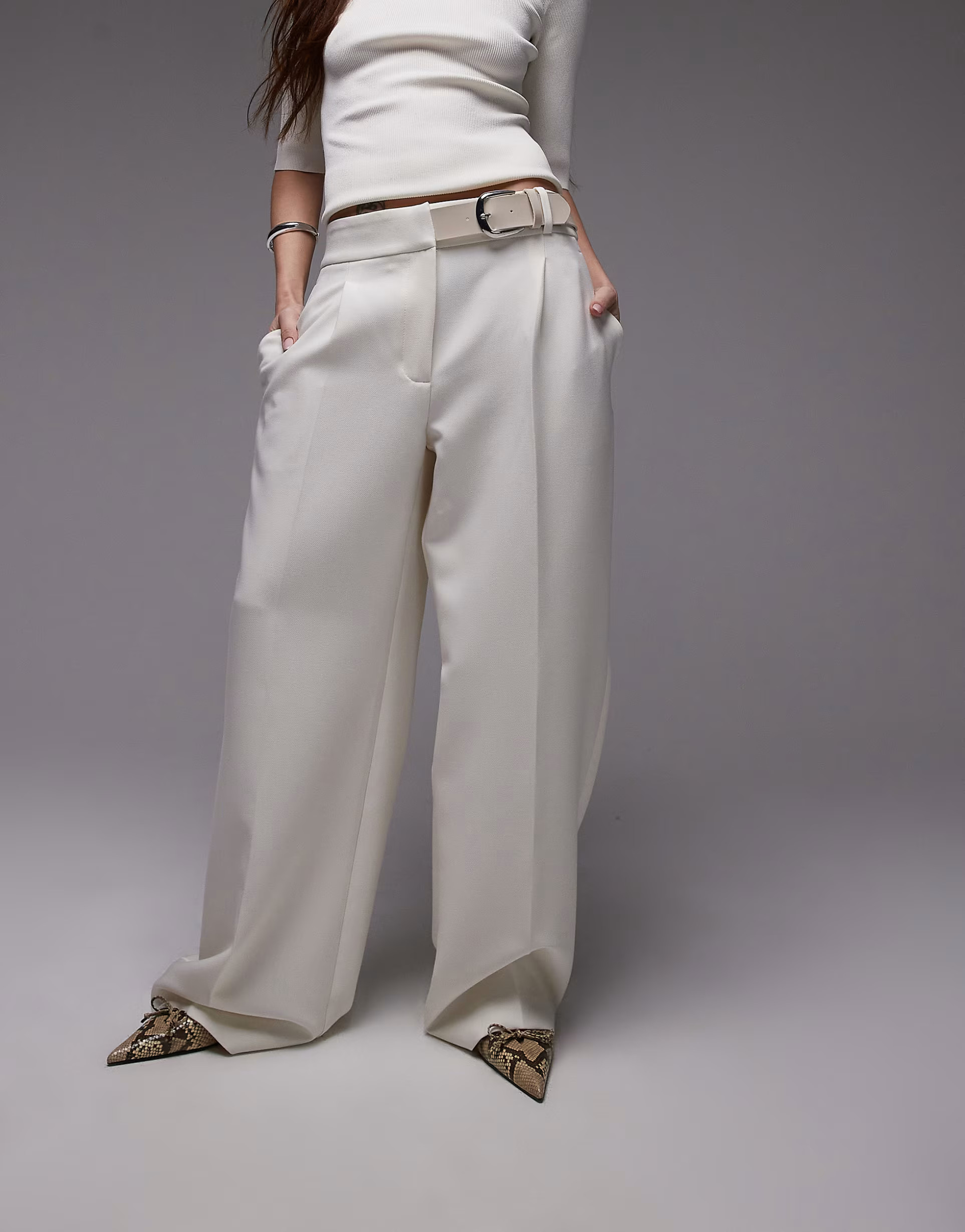 Mango buckle waistband straight leg trousers in white | ASOS (Global)