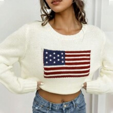 Loose Fit Vintage American Flag Pattern Womens Sweater | SHEIN