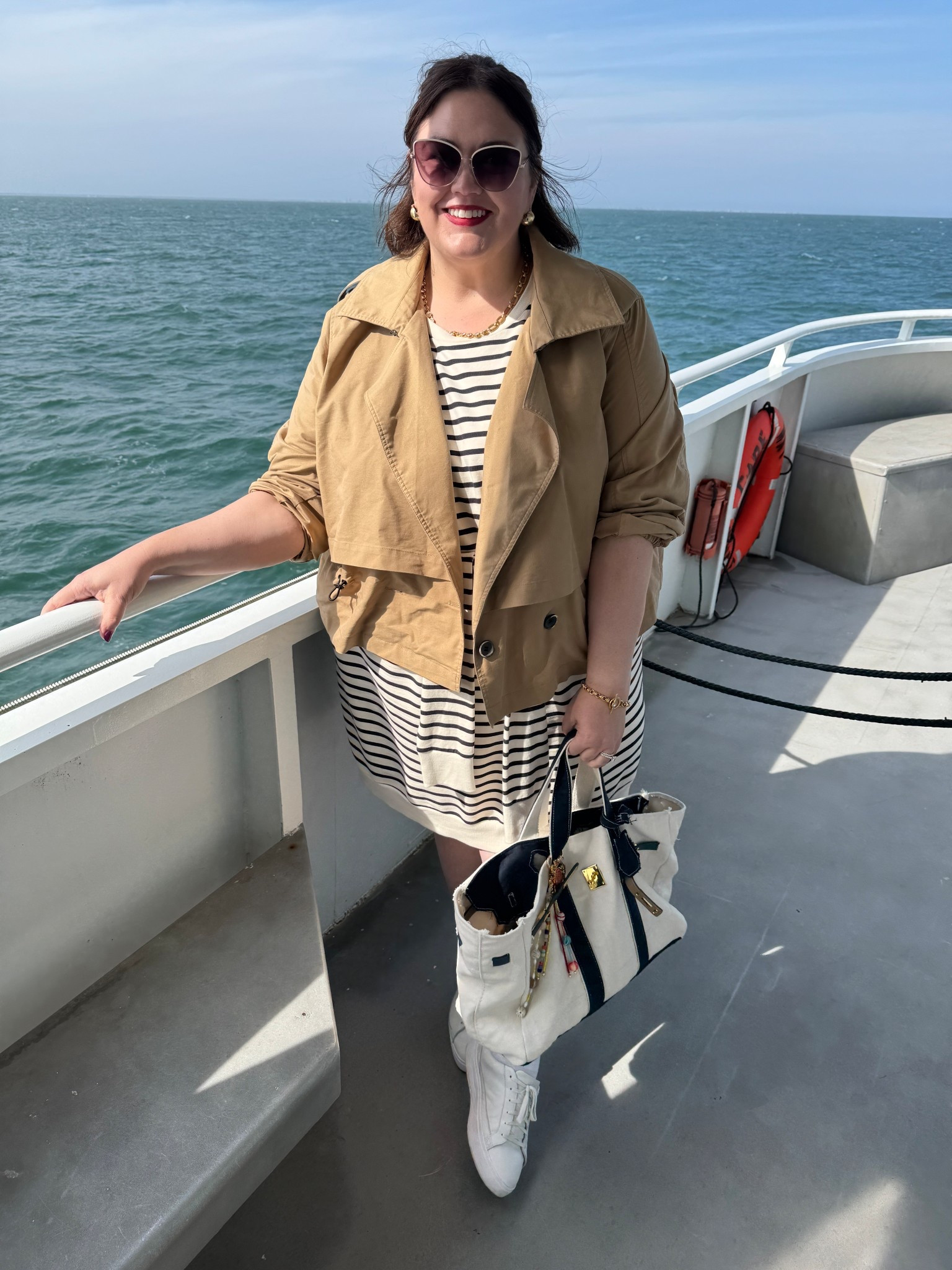 Boatkin on a boat! Stripes and a cropped trench - love this nautical look. Cropped trench is old universal Standard- check Poshmark. Necklace made by me (in my crafting area)

#LTKPlusSize #LTKOver40