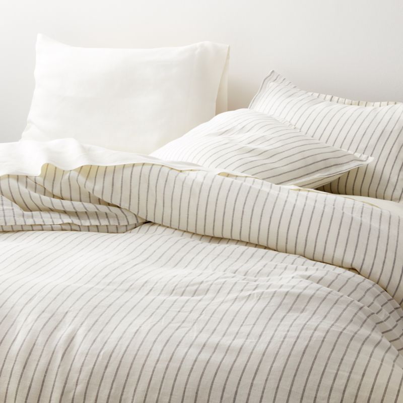 Linen Wide Stripe Warm White King Duvet Cover + Reviews | Crate and Barrel | Crate & Barrel