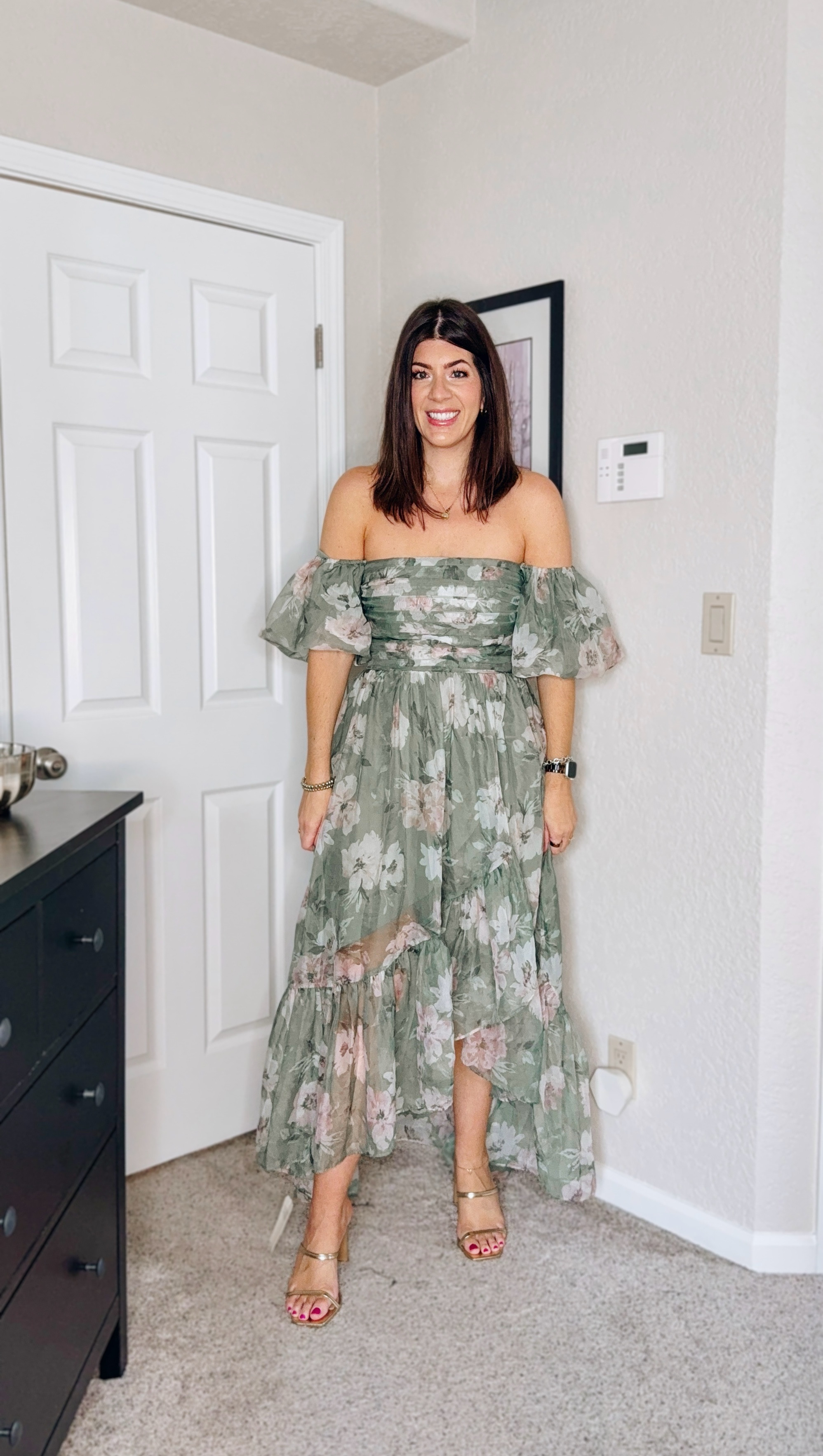 In a medium tall floral wedding guest dress 

#LTKMidsize #LTKFindsUnder100 #LTKWedding
