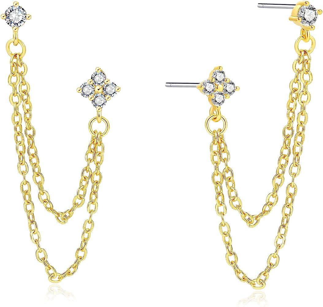 Erpels 925 Sterling Silver Double Piercing Earrings for Women Girls, Hypoallergenic Gold Chain Ea... | Amazon (US)