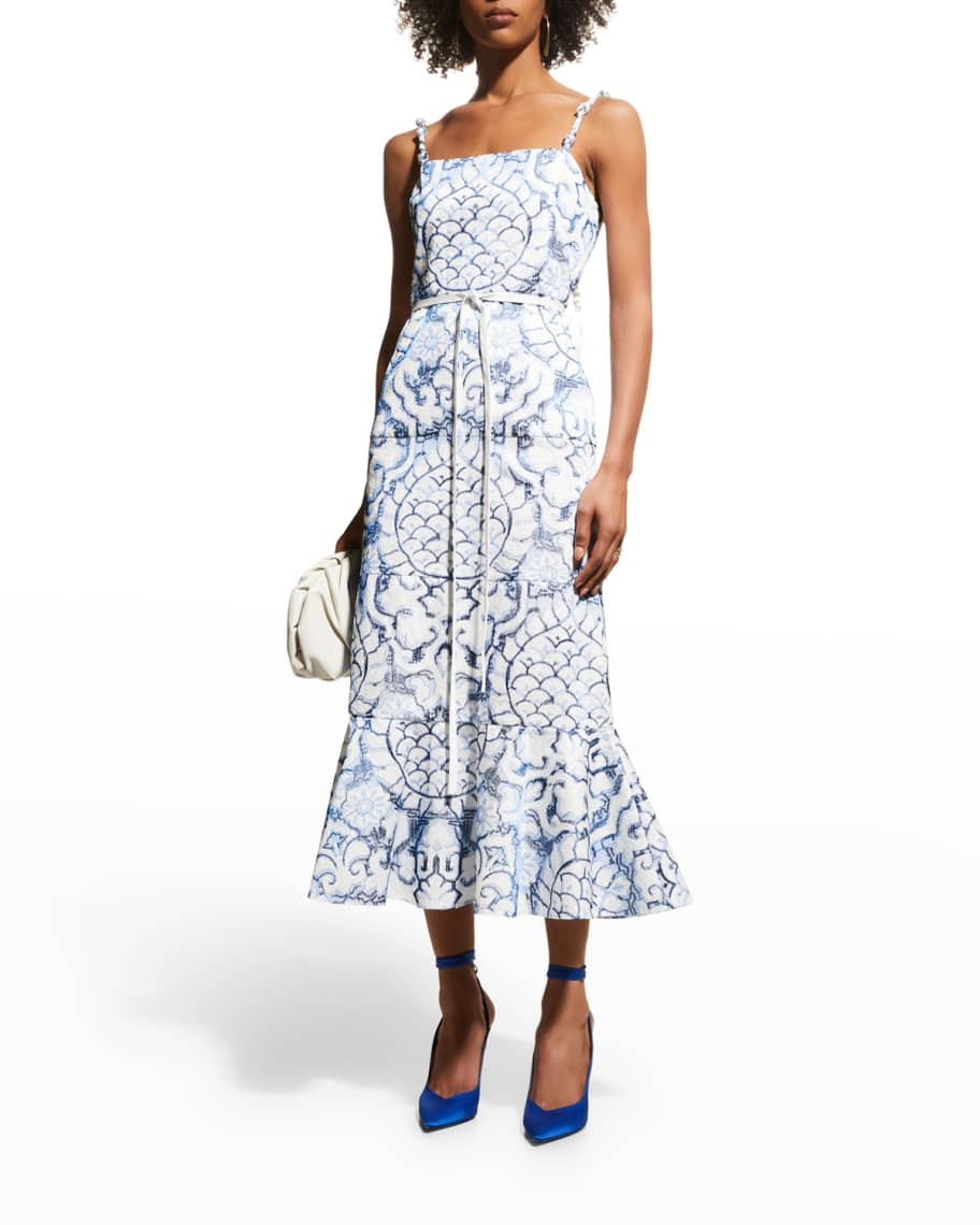 Alexis Nolana Abstract Printed Fit-And-Flare Belted Midi Dress | Neiman Marcus