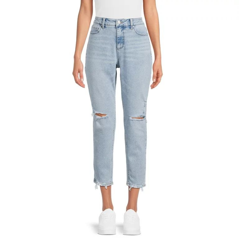 Time & Tru Women's Cropped High Rise Distressed Mom Jeans, size 2-20 - Walmart.com | Walmart (US)