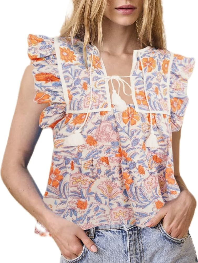 Women Boho Tie Front Peplum Top Floral Print Flowy Fringe Shirt Square Neck Ruffle Tank Top Going... | Amazon (US)