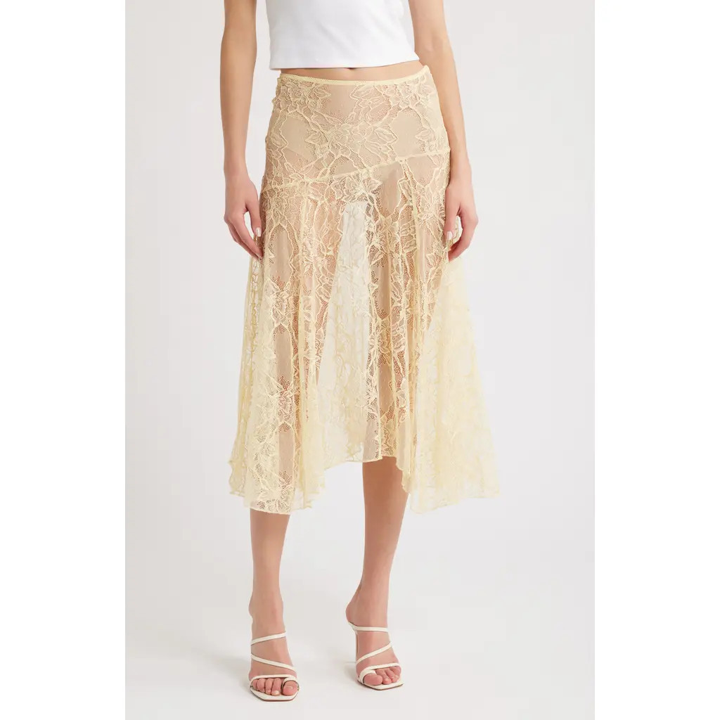 LIONESS In Bloom Lace Midi Skirt in Cornsilk at Nordstrom, Size Medium | Nordstrom