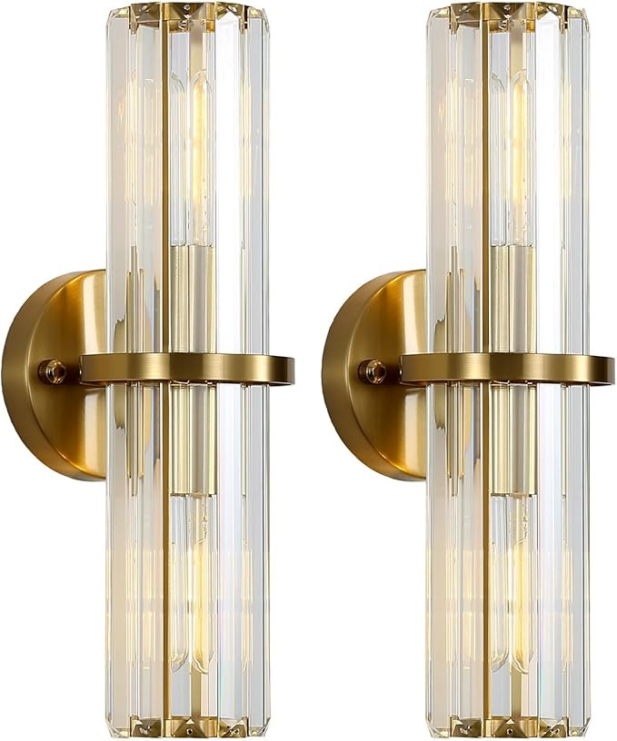 Crystal Wall Sconce Set of 2, Gold Crystal Bathroom Wall Light, Modern Sconces Wall Decor 2-Light... | Amazon (US)