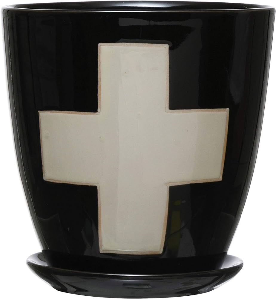 Creative Co-Op Stoneware Planter with Saucer & Wax Relief White Swiss Cross, Black, Set of 2 (Hol... | Amazon (US)