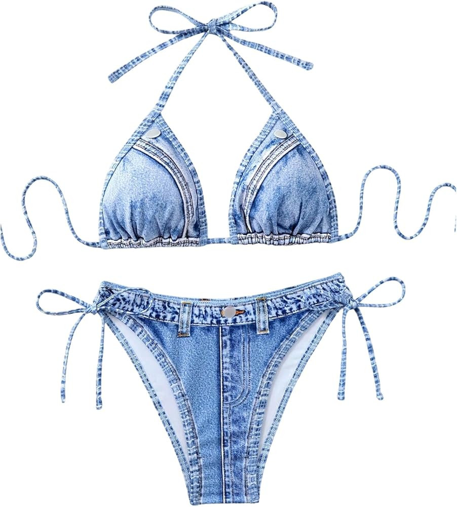 SHENHE Women's Bikini Set Denim Print Triangle Halter Side Tie Swimsuits 2 Piece Bathing Suits | Amazon (US)