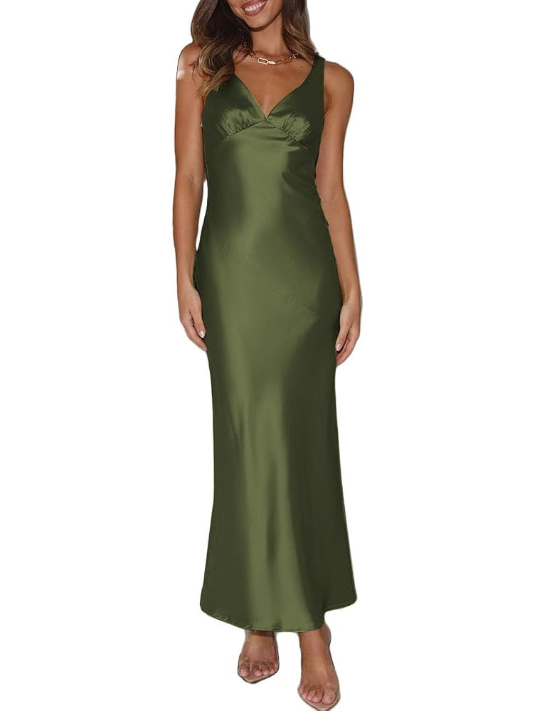 Womens Elegant Satin V Neck Backless Sleeveless Maxi Dress Silk Tie Low Back Formal Cocktail Dres... | Amazon (US)