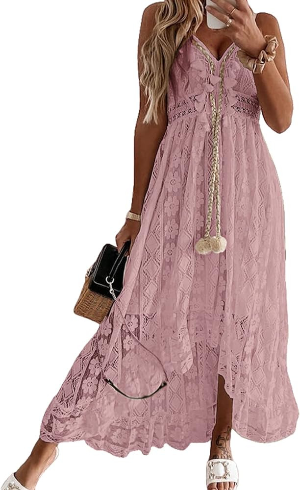 CUPSHE Women's Maxi Dress Lace Dresses Boho Tassel V-Neck Flare Ruffle Adjustable Straps Beach Su... | Amazon (US)