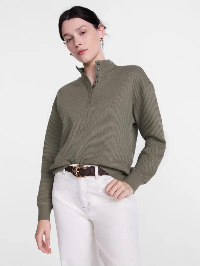 Scenario Women's and Women's Plus Waffle Knit Button Top with Long Sleeves, Sizes XS-4X | Walmart (US)