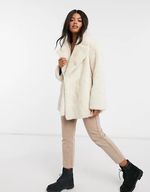 ASOS DESIGN oversized collared coat in faux fur in cream | ASOS (Global)
