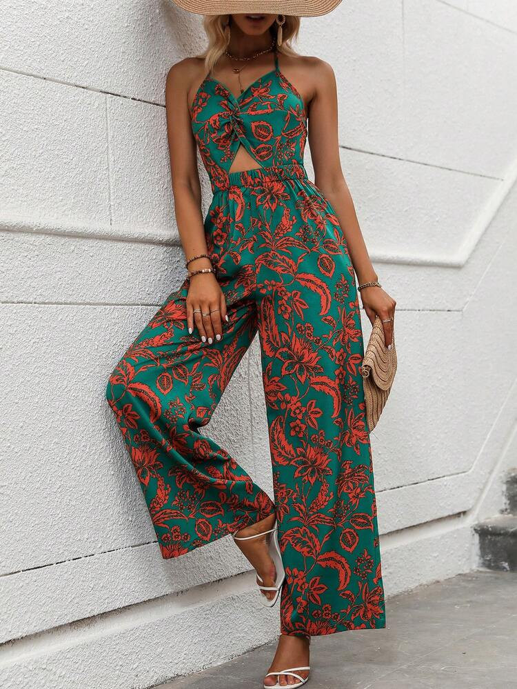 SHEIN VCAY Floral Print Cut Out Twist Front Tie Backless Halter Jumpsuit | SHEIN