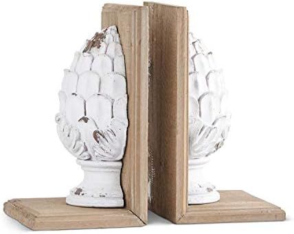 K&K Interiors 15264A Set of 2 Wooden Bookends with White Washed Pineapples, Wood-FIR, Resin | Amazon (US)