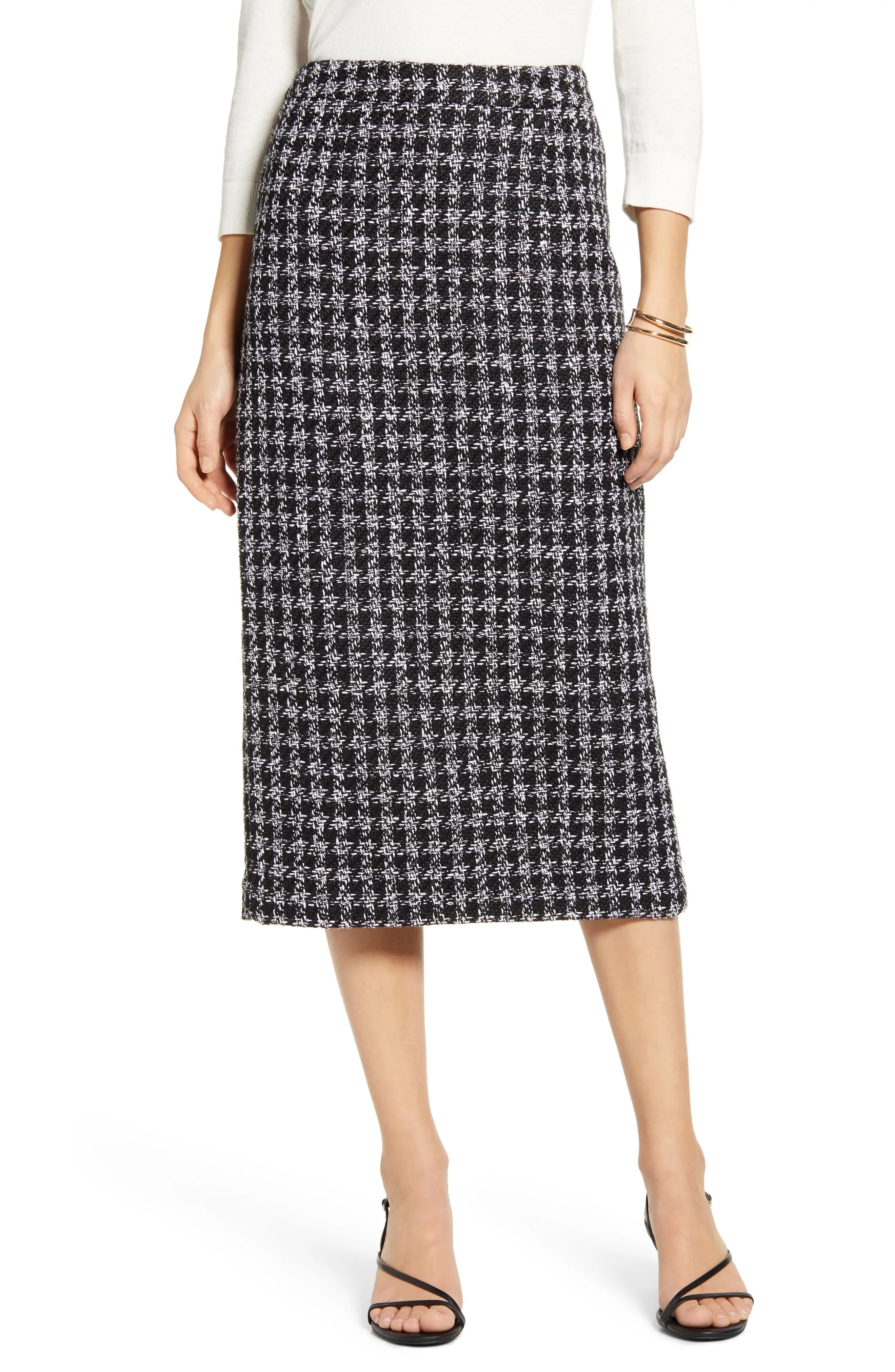 Petite Women's Halogen Houndstooth Check Tweed Pencil Skirt, Size 4 P - Black | Nordstrom