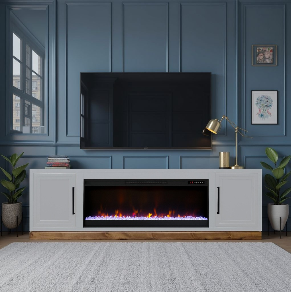 Nora 81 Inch Fireplace TV Stand with 42 Inch Electric Fireplace and Remote Control In White and Barnwood | 1stopbedrooms