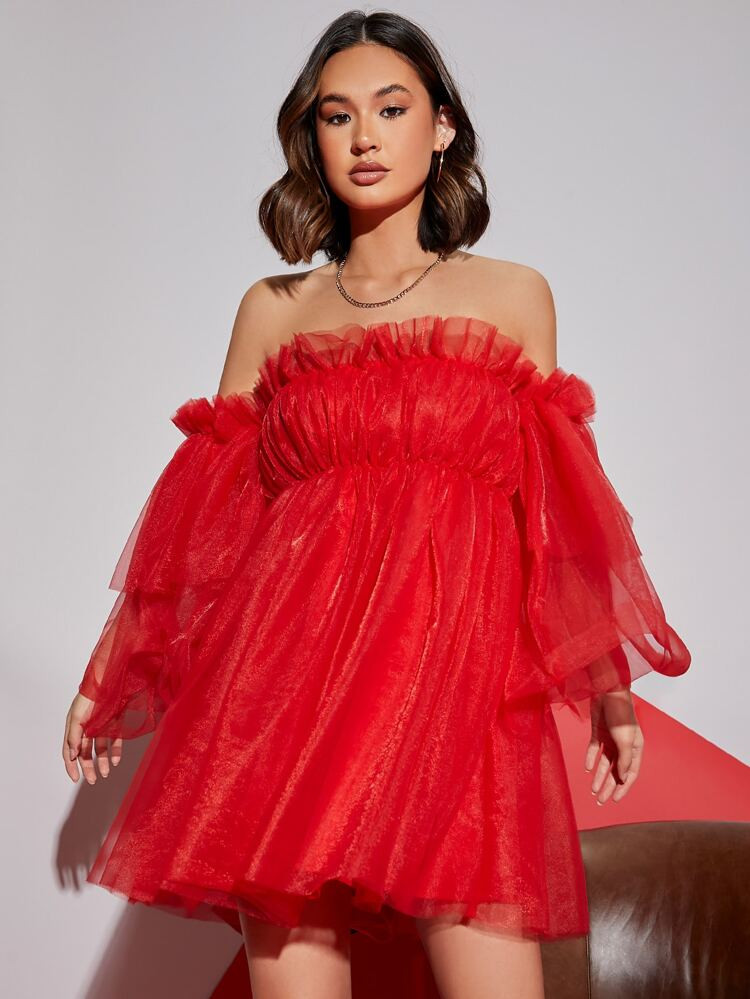 SHEIN BAE Off Shoulder Ruffle Mesh Dress | SHEIN