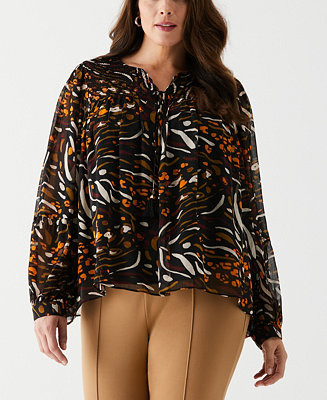 ELLA Rafaella Plus Size Animal Print Smocked Split Neck Long Sleeve Blouse - Macy's | Macy's