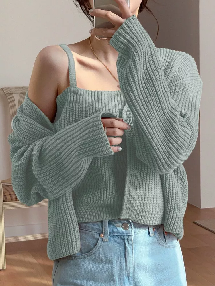 Fluffy Knit Cami Top & Open Front Cardigan