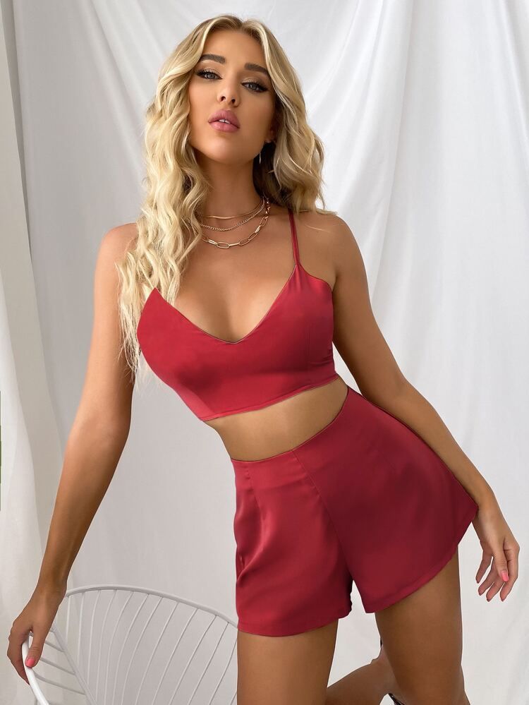 Solid Tie Back Cami Top & Shorts Set | SHEIN