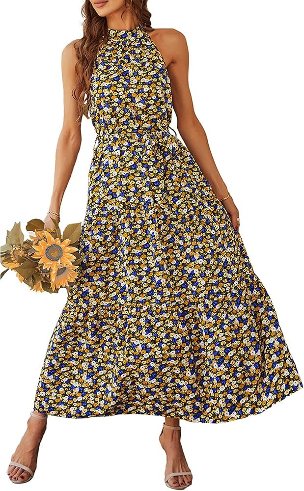 PRETTYGARDEN Women's Summer Floral Maxi Sun Dress Sleeveless Halter Neck Flowy Ruffle Hem Long Bo... | Amazon (US)