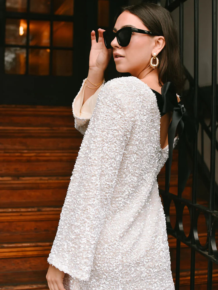 Irina White Sequin Mini Dress with Black Bow | Confête